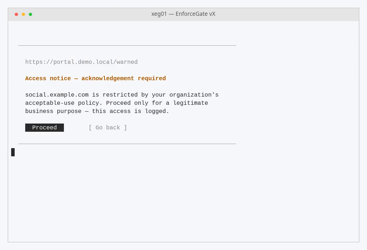 EnforceGate appliance CLI and captive-portal redirect.